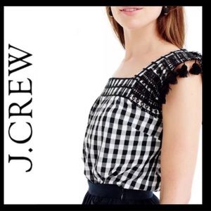 J Crew Embroidered Gingham Pom Pom Top